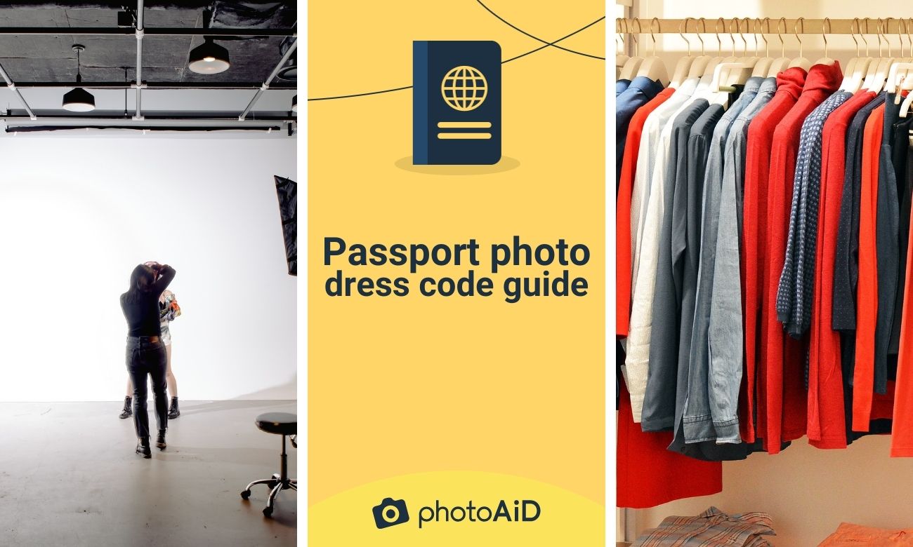 A photo studio & a rack of colorful clothes and “Passport Photo Dress Code Guide” title in the middle.