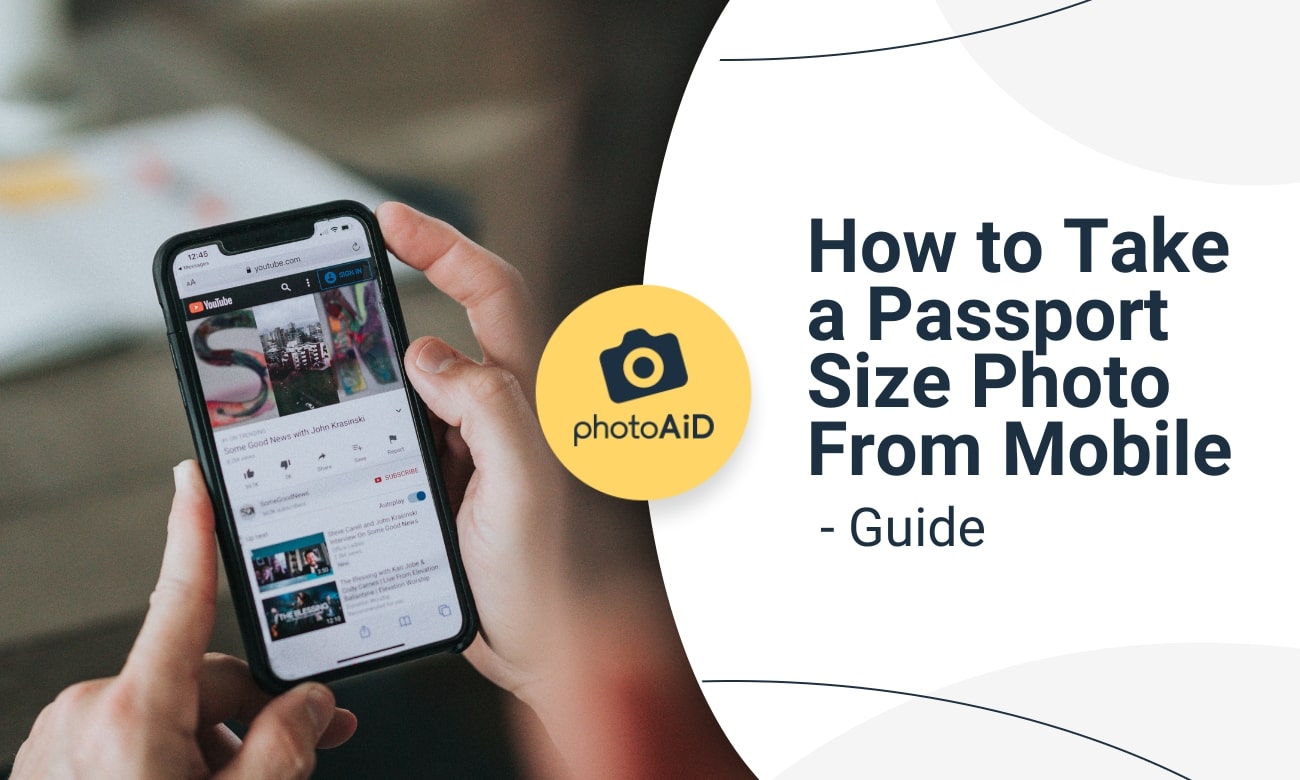 Hands holding a mobile phone and the text how to take a passport size photo from mobile guide