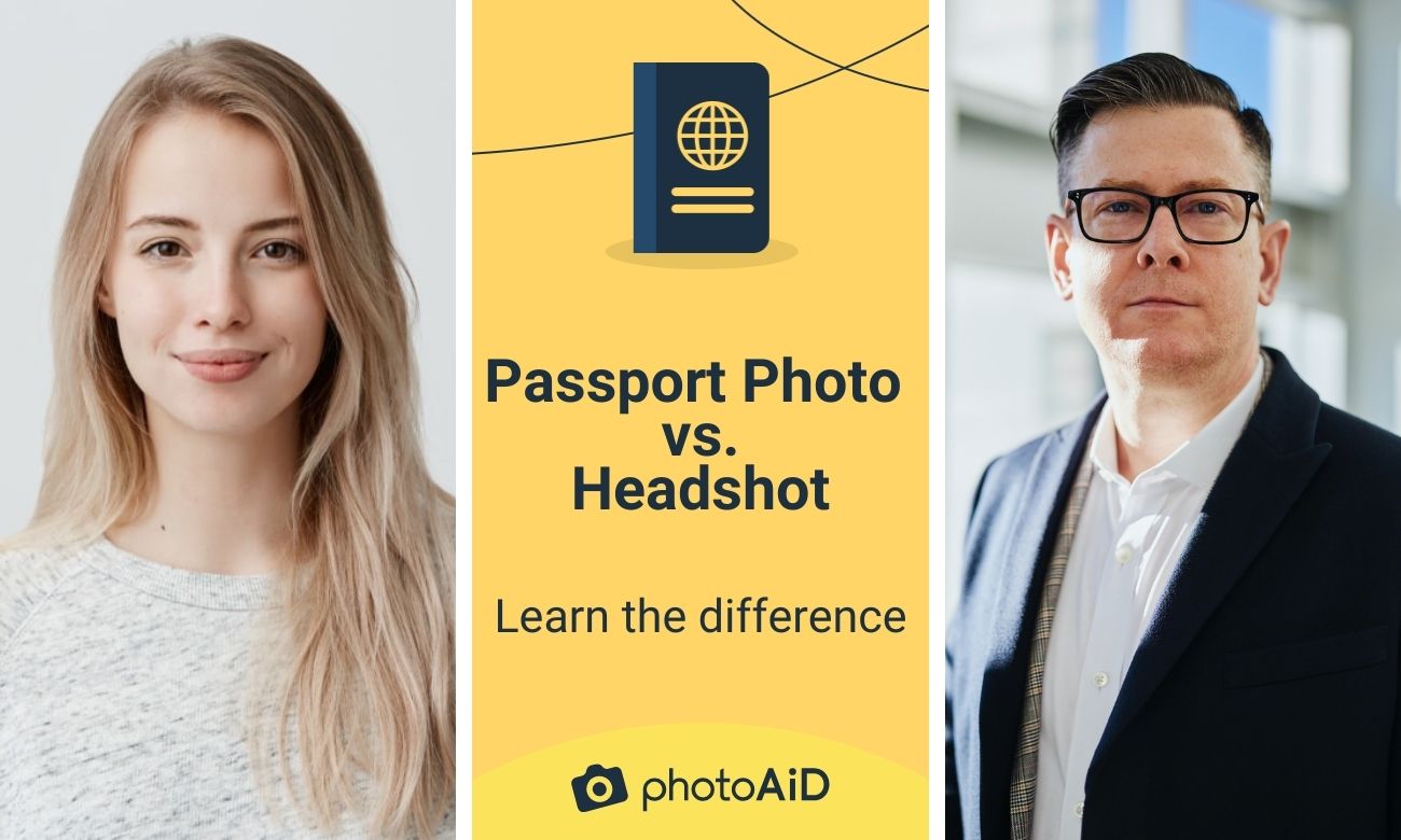Woman posing for a passport photo, man posing for a headshot, text: passport photo vs headshot.