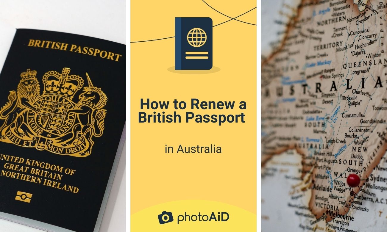 British passport, map of Australia, text: how to renew a British passport in Australia.