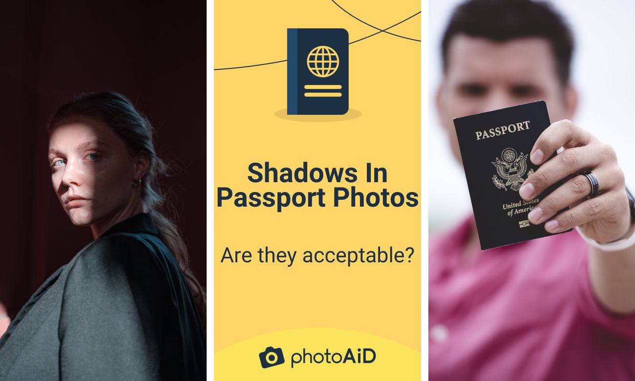 Woman with shadows overlapping her face, man holding a passport up, text: shadows in passport photos—are they acceptable?