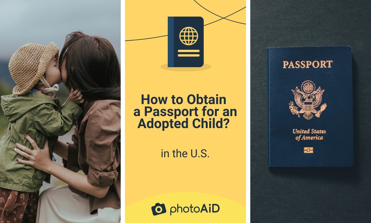 A mother in a brown shirt and her adopted child kissing, and a blue color U.S. passport to the right.