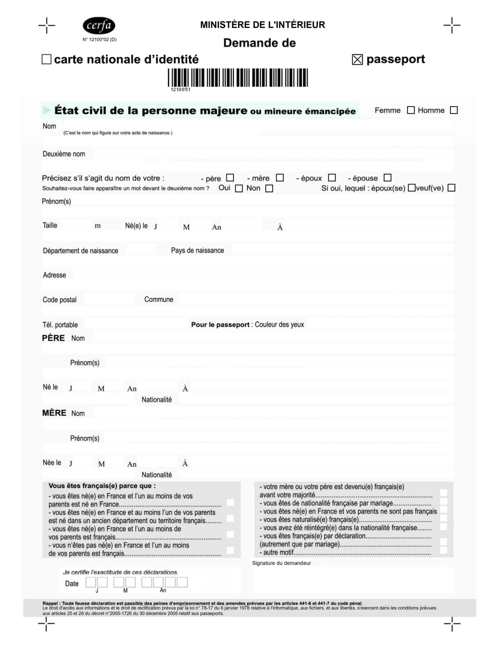 Formulaire de demande de passeport CERFA 
