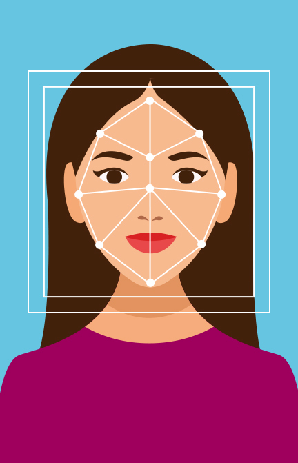 Graphic depicting biometric distances between facial features used to identify individuals by passport agents.