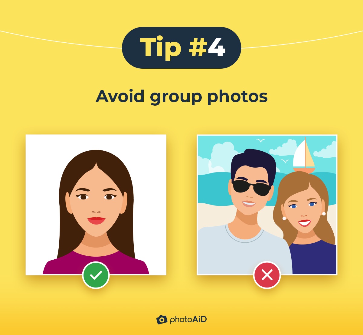 A tip on LinkedIn profile pictures advising against adding group photos.
