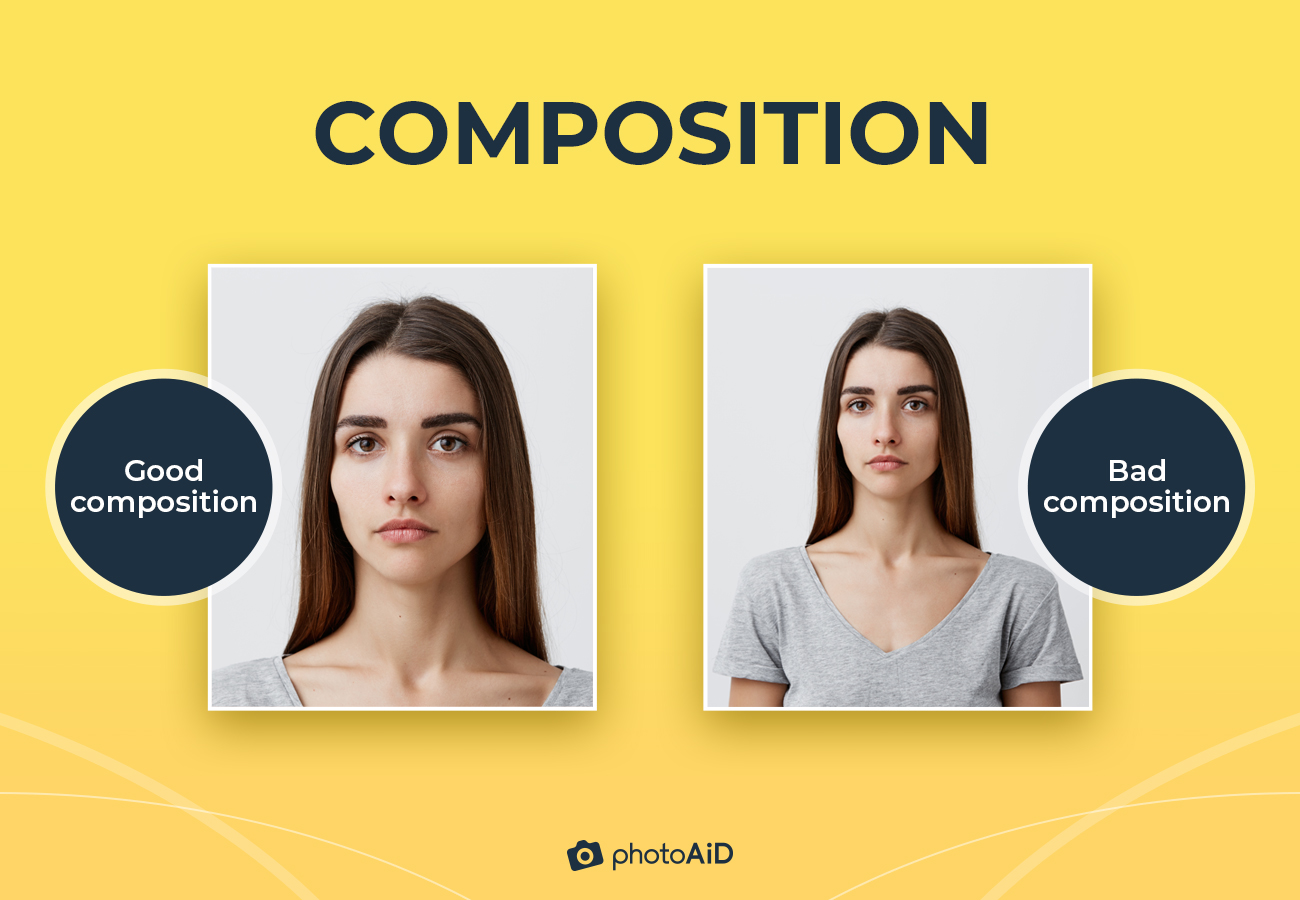 Comparison of good and bad passport photo composition.