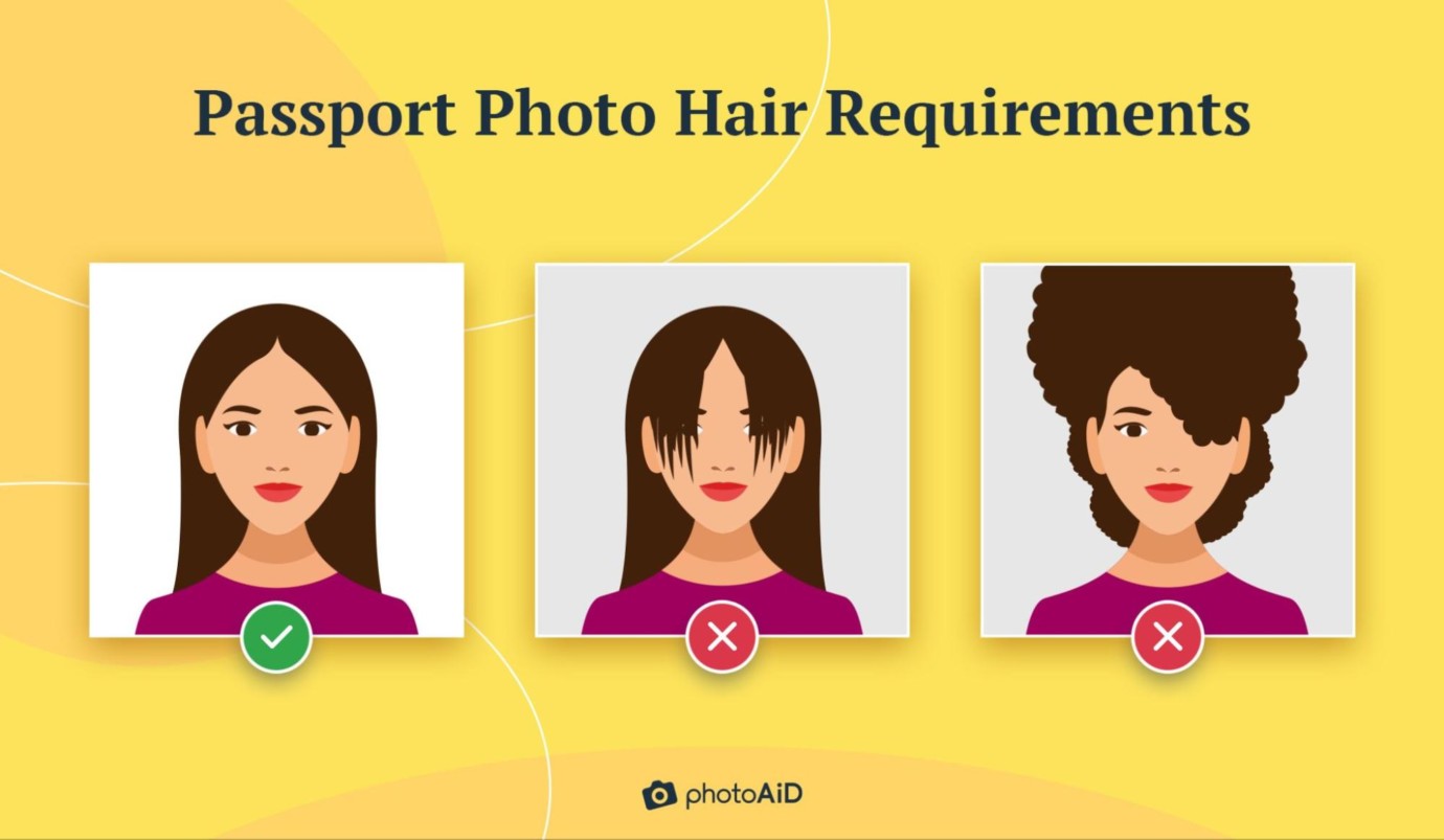 Passport photo requirements for hair showing acceptable bangs and examples of non-compliant hairstyles. 