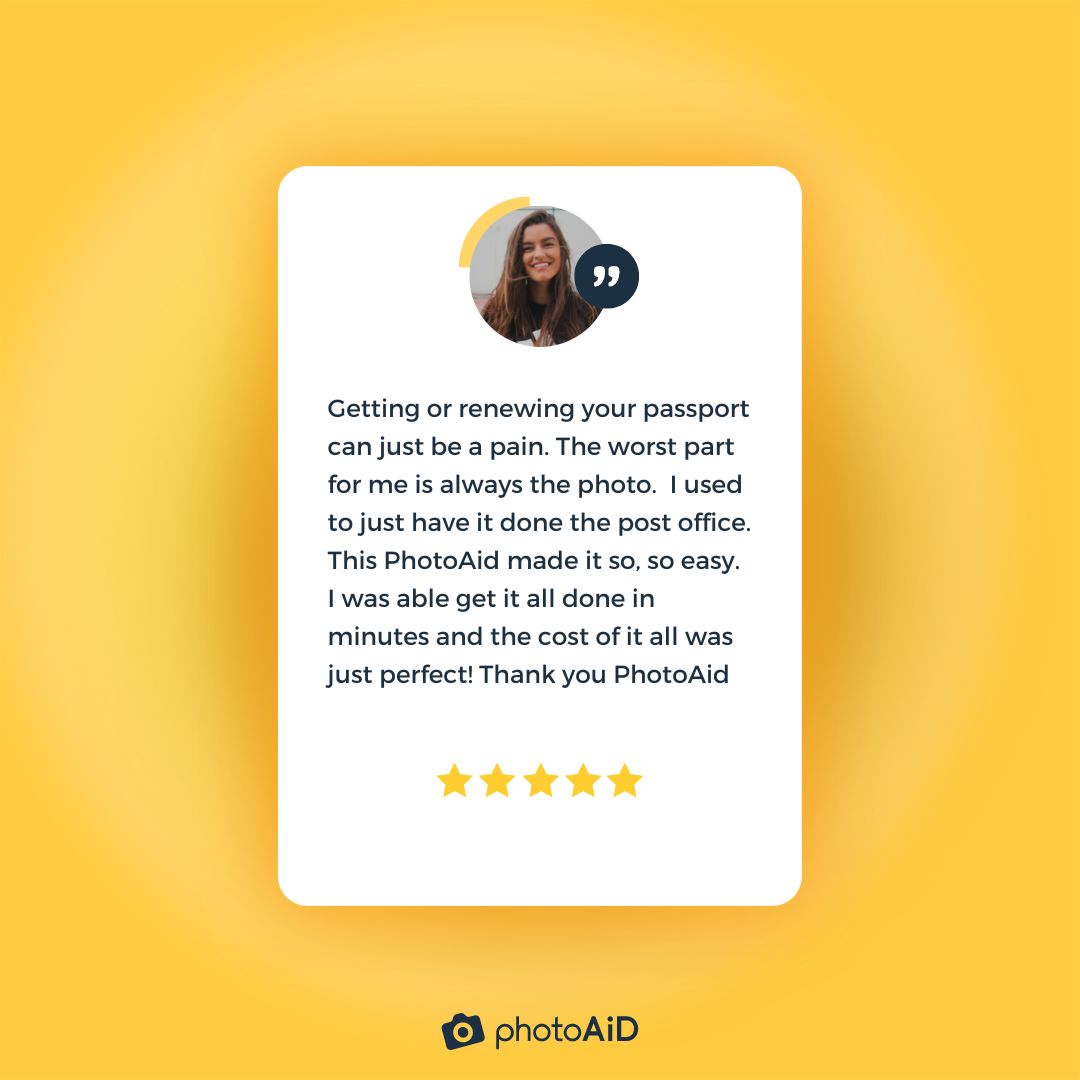 Review from a satisfied customer after using PhotoAiD to get a passport photo.