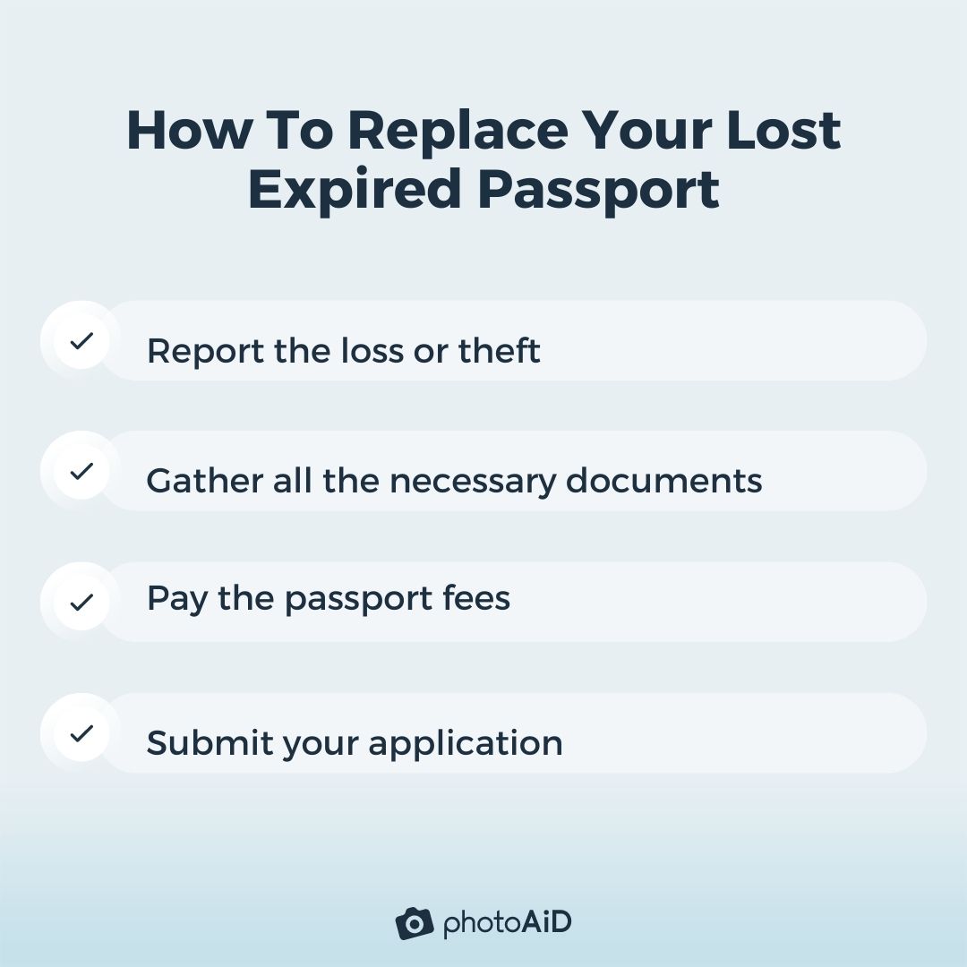 A step-by-step infographic explaining how to replace a lost expired passport.