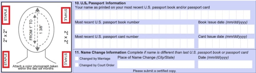 Detailed visual instructions regarding the location and method a passport photo must be attached to Form DS-82.
