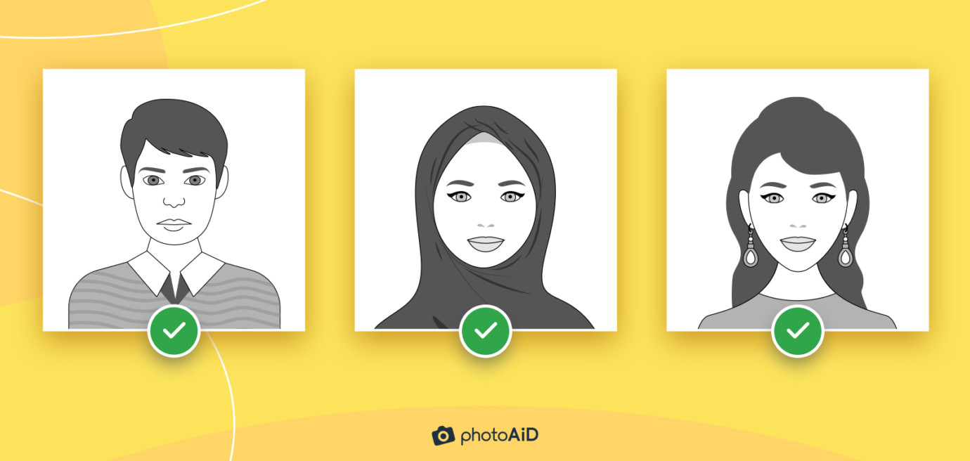 Three examples of acceptable headwear for passport photos.