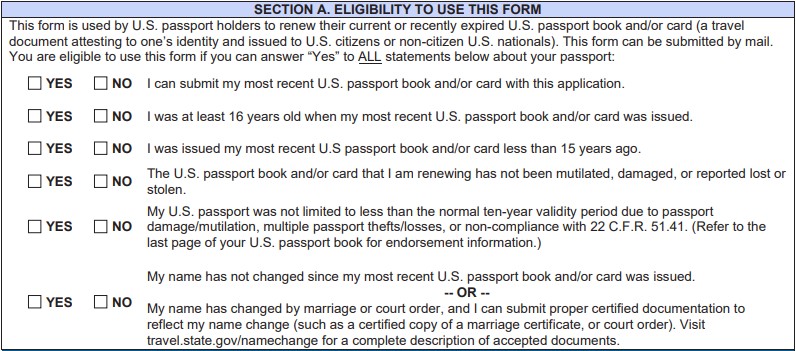 The eligibility section of the DS-82 renewal form.