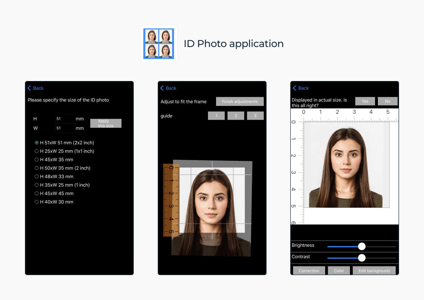 Features available in a free passport photo application.