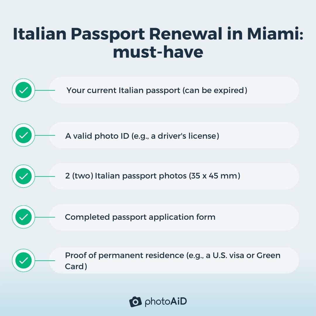 A list of required documents to renew an Italian passport in Miami.