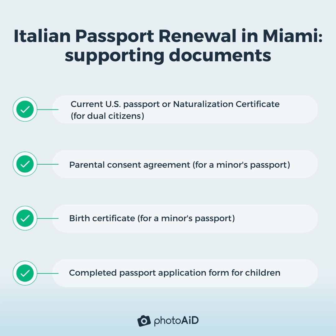 A list of supporting documents for an Italian passport renewal in Miami.