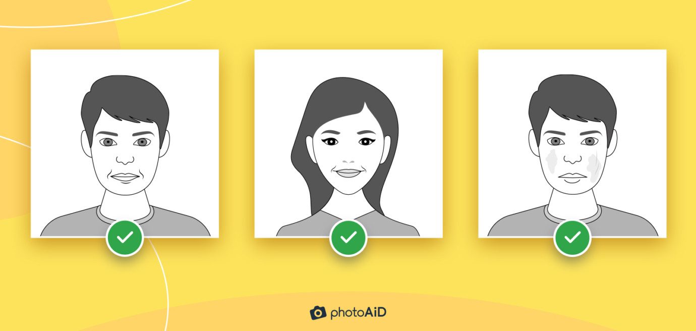 Three examples of acceptable expressions for passport photos.
