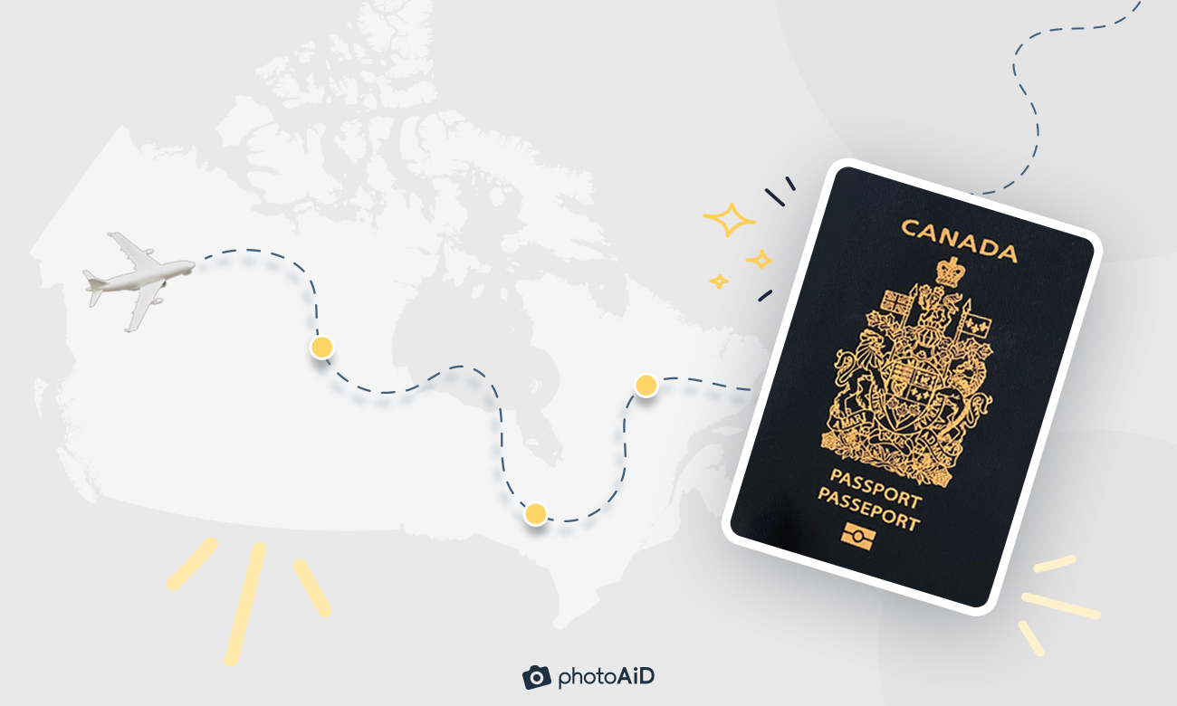 A map of Canada with the plane flying and a Canadian passport book