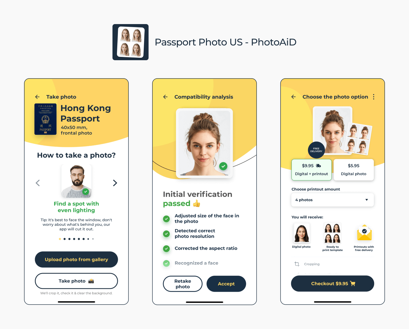 Taking a biometric photo with a passport photo app in 3 steps.