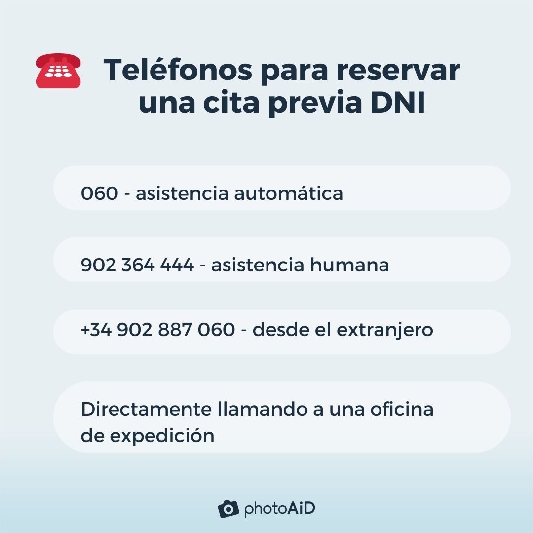 La imagen muestra los distintos números disponibles para reservar una cita previa DNI por teléfono.