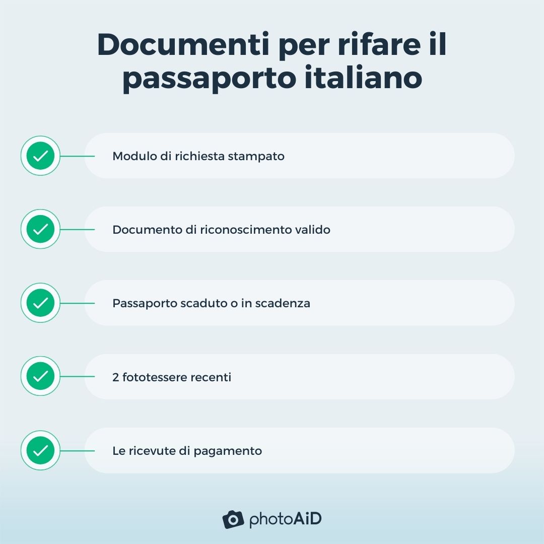Una lista di documenti per sostituire un passaporto scaduto.