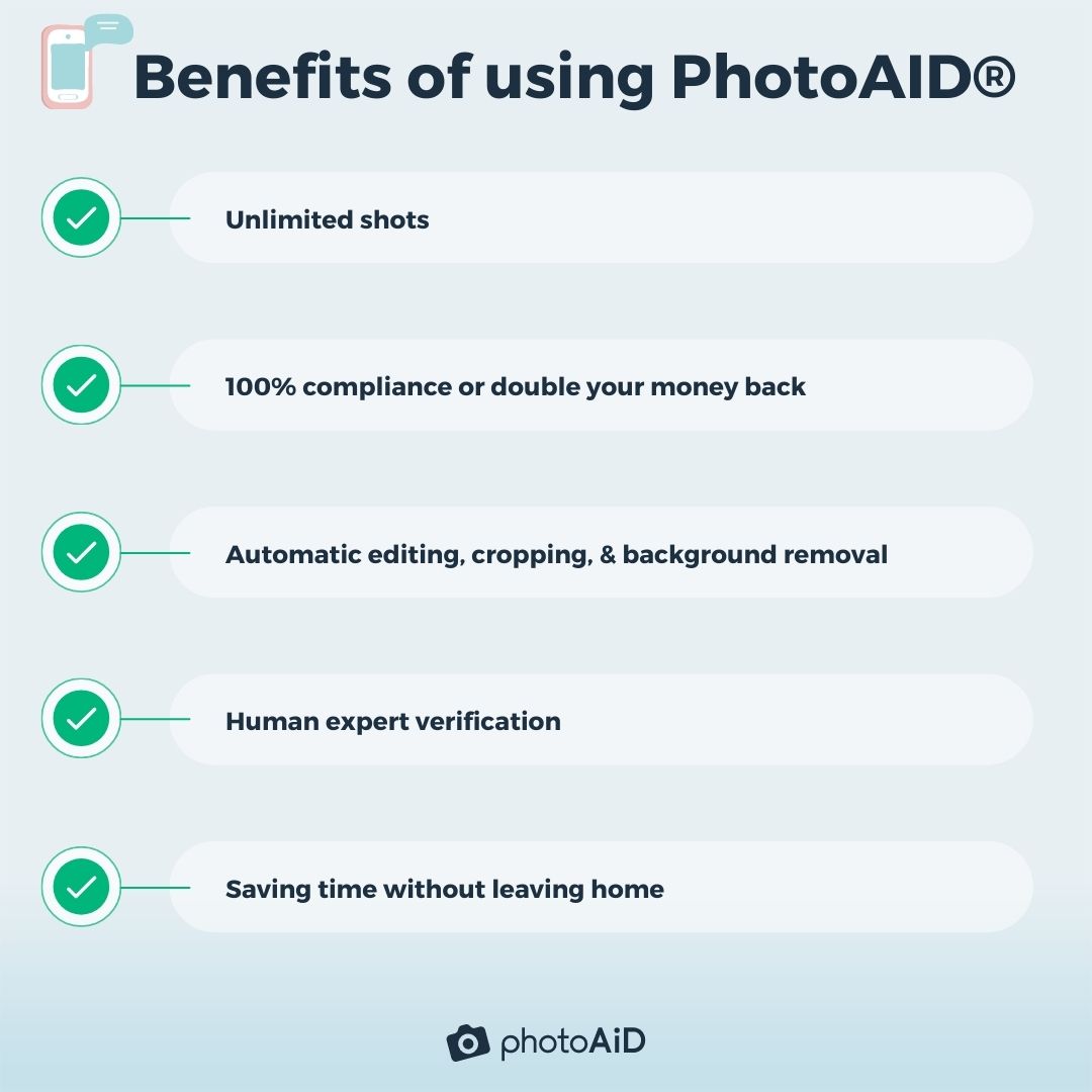 The image shows the benefits of taking passport photos with PhotoAiD app.