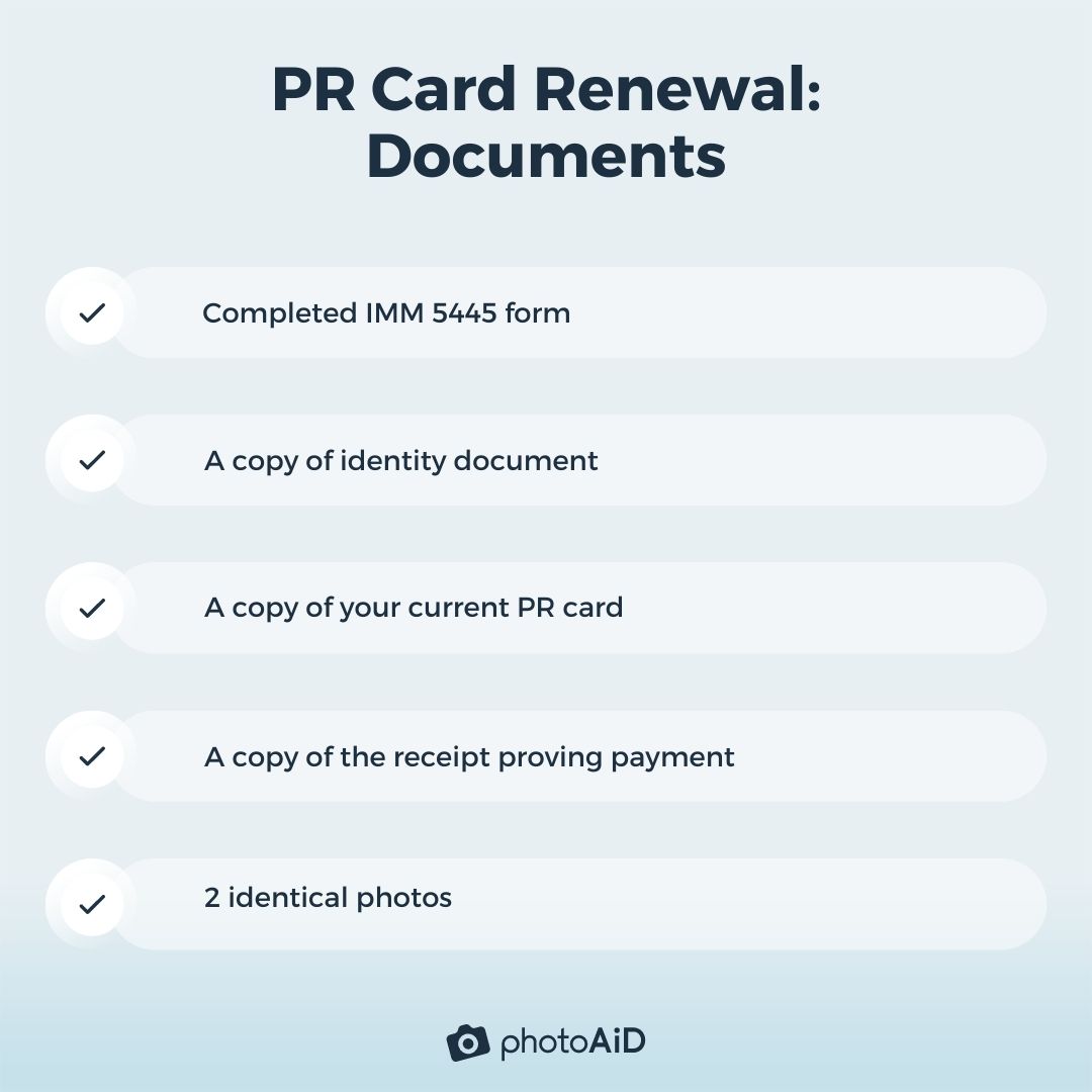 A checklist of documents required for the PR card renewal process.