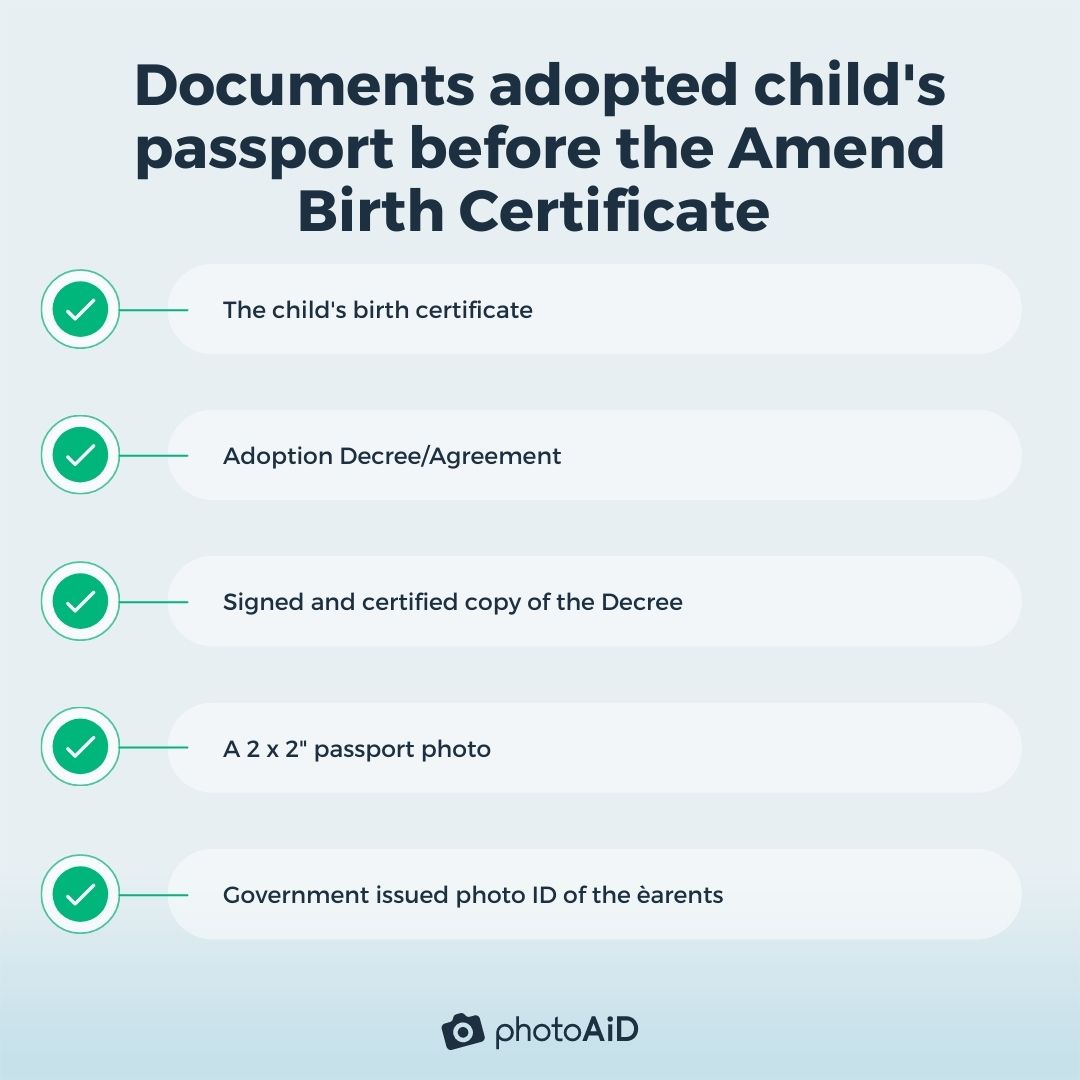 A list of documents for U.S. passport for adopted child.