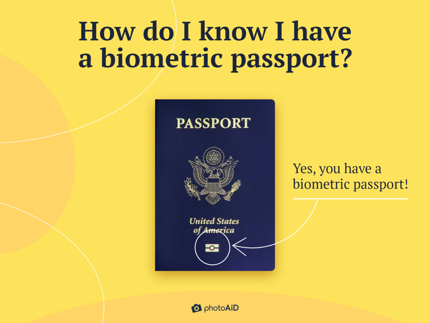 An image showing how to know if the U.S. citizen has a biometric passport, marking the gold-colored camera logo on the front cover of the booklet.