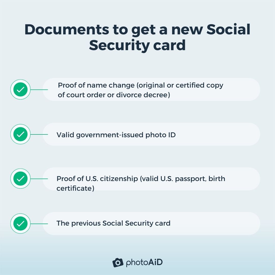 A list of documents to get a new Social Security card to change name after divorce.