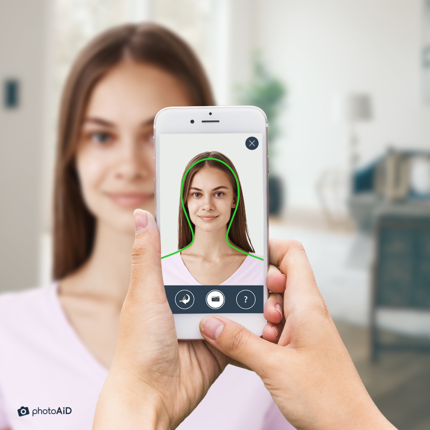 A woman posing naturally for her US passport photo taken with an Android phone.