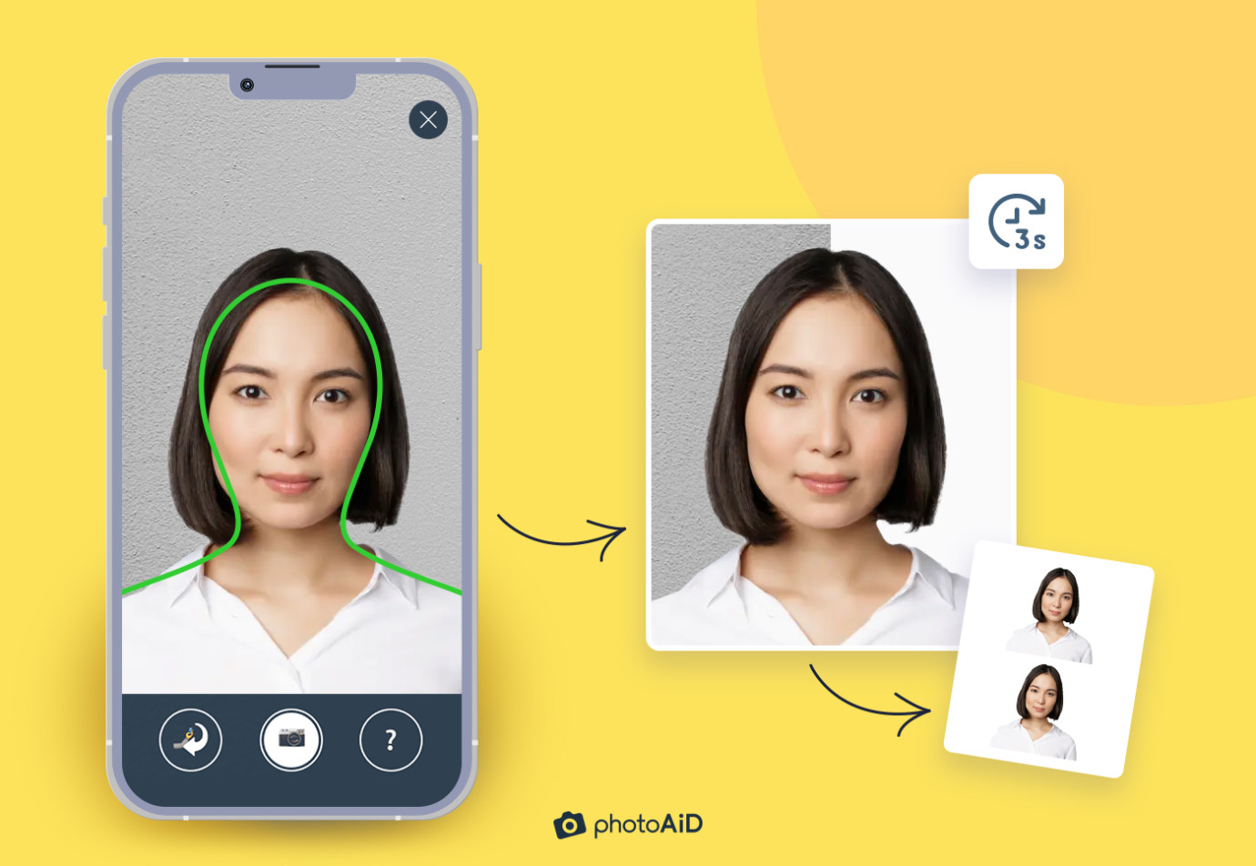 Una foto es tomada con la app móvil de PhotoAiD y convertida en una imagen válida para pasaporte en tan solo 3 segundos.