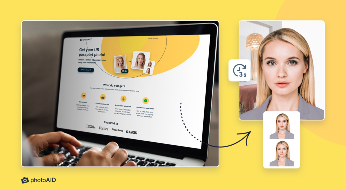 A photo uploaded to PhotoAiD’s web app via an internet browser on a laptop and turned into a valid passport photograph in 3 seconds