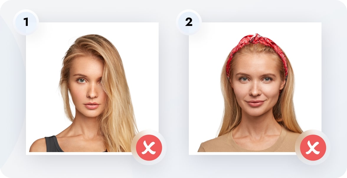 Two examples of passport photos with hair that doesn’t comply with official regulations.