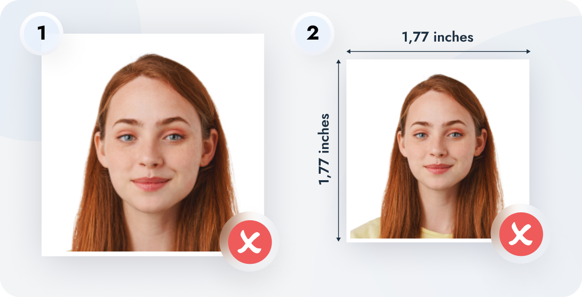 Two examples of passport photos with unacceptable measurements.