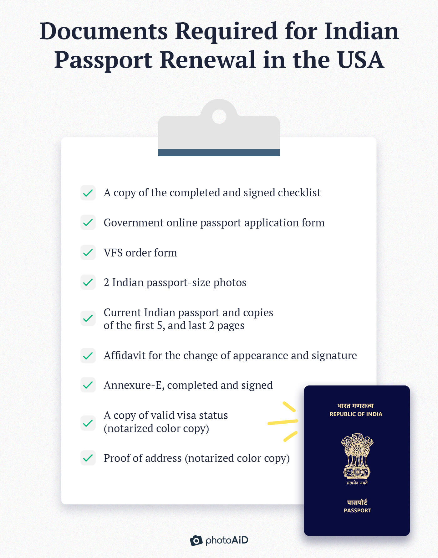 A list of the documents required for Indian passport renewal in the US.