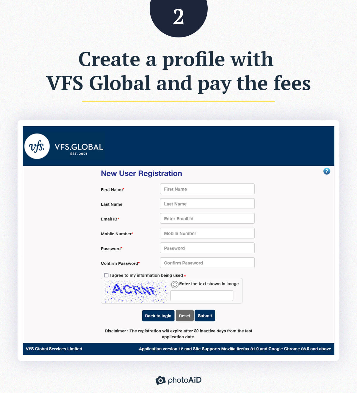 The VFS Global registration form.