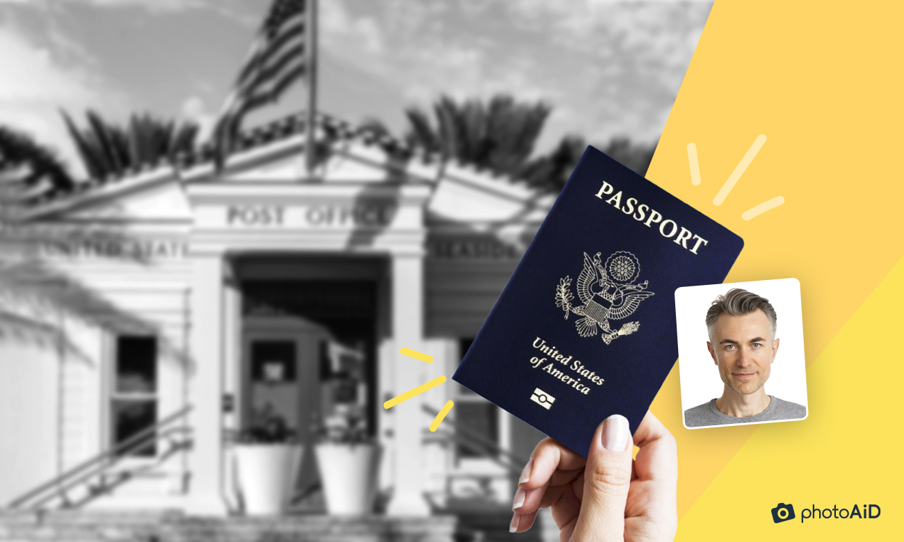 A renewed US passport in front of a tropical sunset landscape.