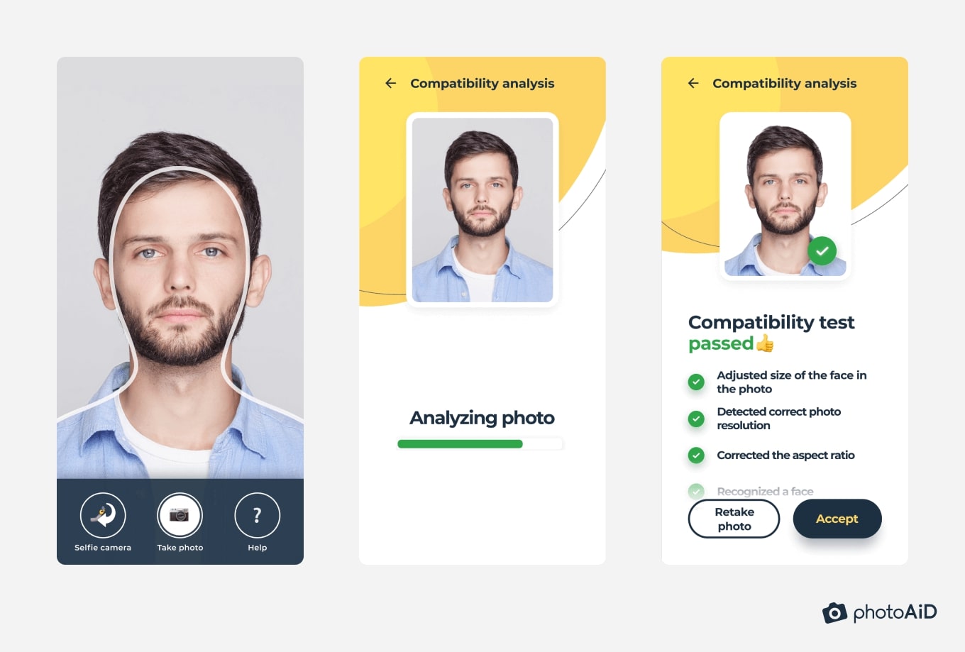 Taking a UK passport photo with PhotoAiD® in 3 steps.