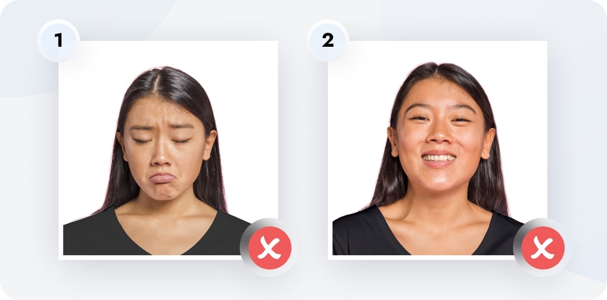 Two examples of passport photos with non-compliant expressions.