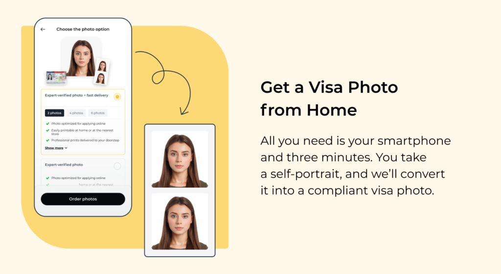 A graphic showing how to take a visa photo at home with PhotoAiD.