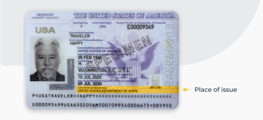 An example of a US passport with the highlighted place of issue.