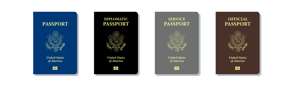 Four pictures of US passports: blue, maroon, black, and gray.