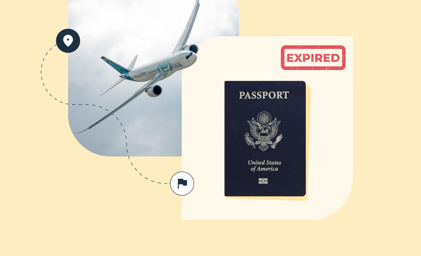 A picture of a plane and an expired passport.