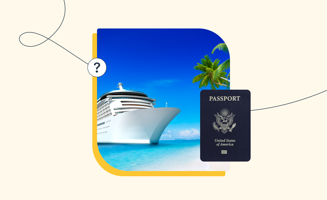 A photo showing a cruise ship near a tropical island and a US passport.