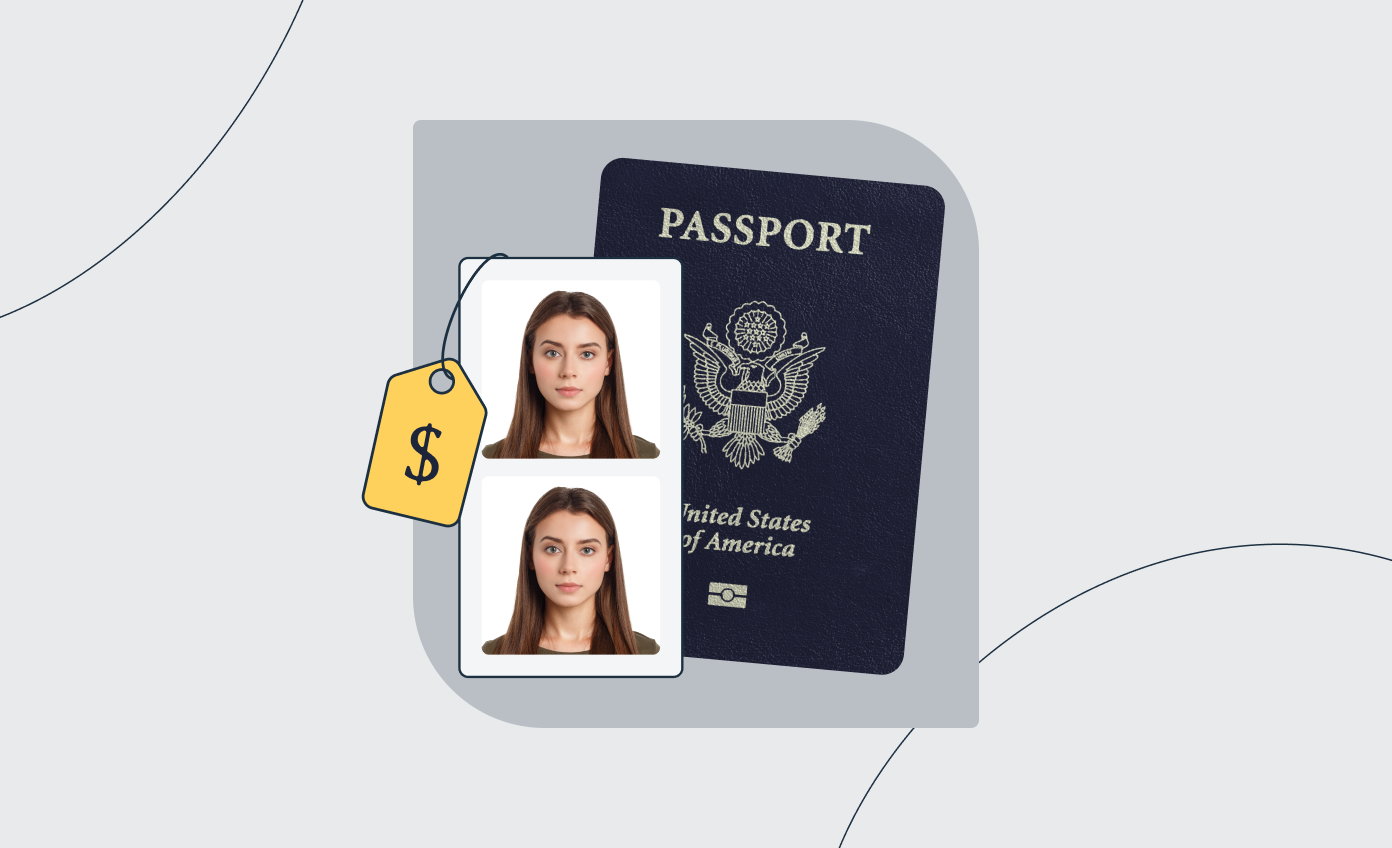 A picture showing a passport, two passport photos, and a price tag.