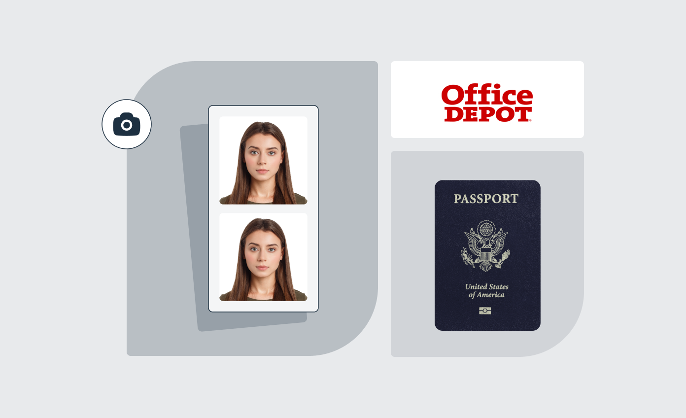 Two passport photos, with a US passport and an “Office Depot” banner next to it.