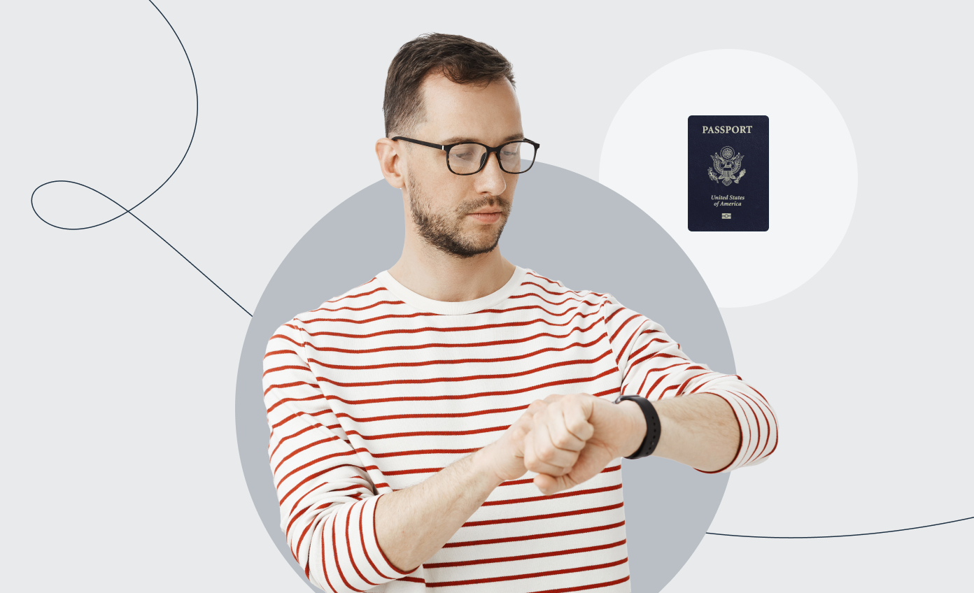 A man looking impatiently at his watch with a US passport in the background.