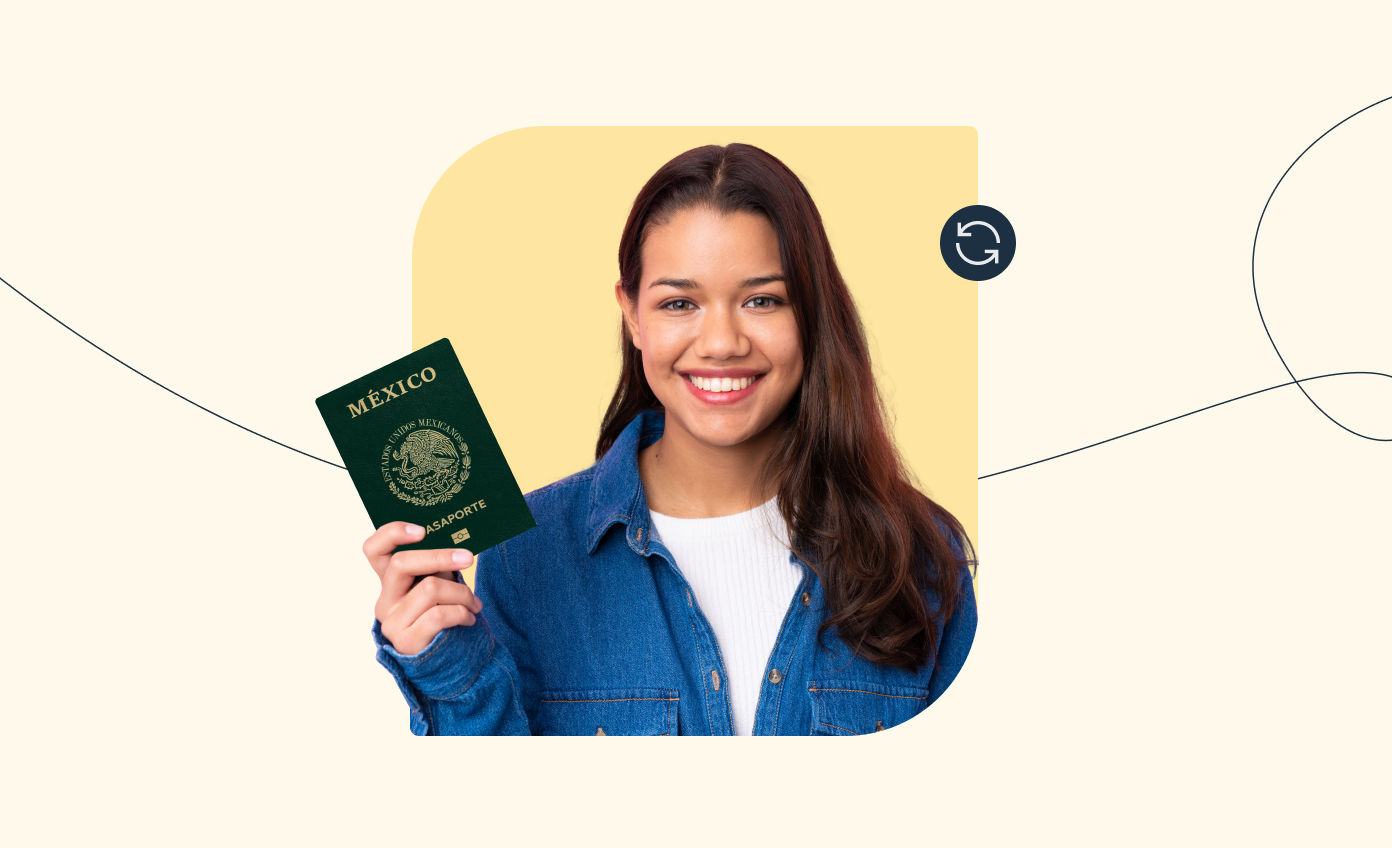 A smiling woman holding a Mexican passport.