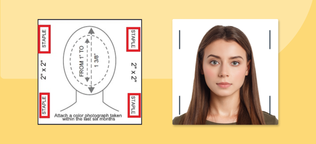 Two examples of stapled passport photos: one sample with lines and staple placements, and one actual photo.