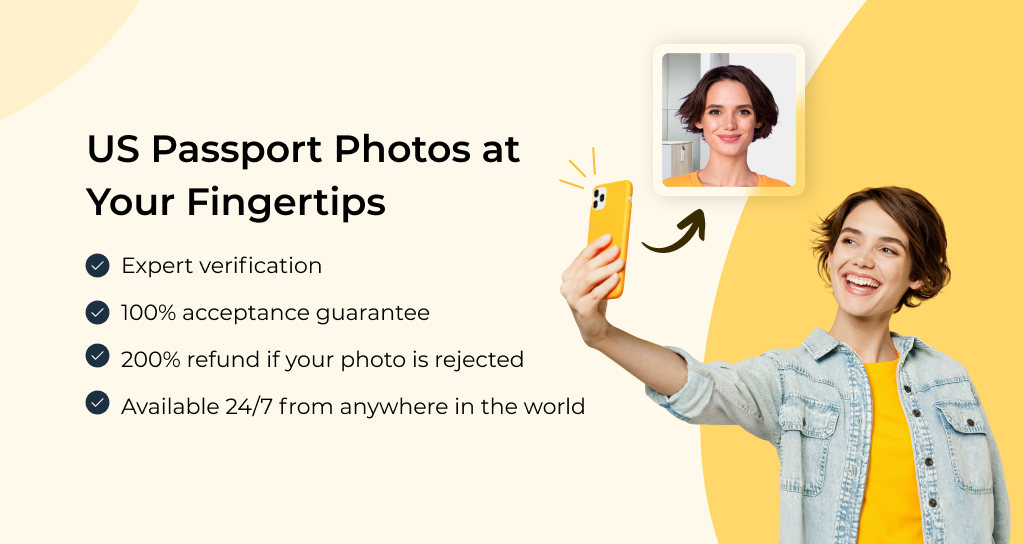  Benefits of using PhotoAiD to take passport photos, including expert verification, acceptance guarantee, and refunds.